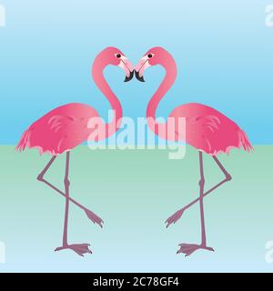 Un'illustrazione di due fenicotteri rosa. Tengono una gamba in su e si specchiano l'una l'altra Illustrazione Vettoriale