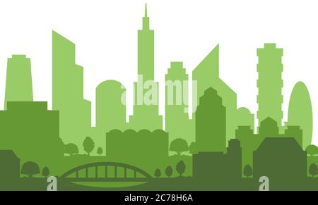 Moderna silhouette di paesaggio urbano in colore verde isolato su bianco, illustrazione vettoriale Illustrazione Vettoriale
