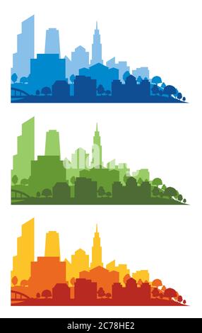 Silhouette multicolore megapolis, isolate su bianco. Set di illustrazioni vettoriali Illustrazione Vettoriale