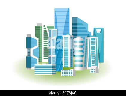 Illustrazione vettoriale degli edifici moderni dello Skyscraper della città Paesaggio isolato su sfondo bianco Illustrazione Vettoriale