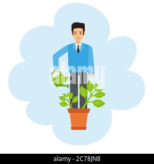 Illustrazione di auto-crescita con l'uomo d'affari che si annaffiava sopra sfondo bianco Illustrazione Vettoriale