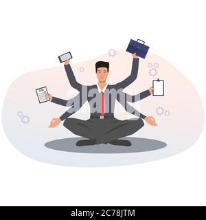 Uomo d'affari con molte mani multitasking e meditating, Vector Illustration Illustrazione Vettoriale
