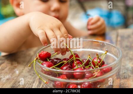 Bel ragazzo felice prendendo ciliegia dolce dal piatto, all'aperto in giardino. Il concetto di nutrizione adeguata, ottenendo le vitamine dai prodotti organici, dieta, Foto Stock