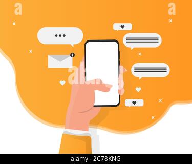 Donna mano Holding smartphone con icone messaggio, sfondo giallo, Illustrazione Illustrazione Vettoriale
