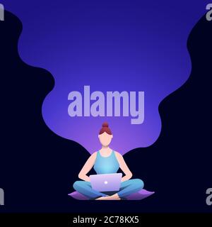 Lavoro domestico, freelancing, formazione in linea, illustrazione del vettore di concetto. Ragazza seduta e con il computer portatile. Illustrazione Vettoriale