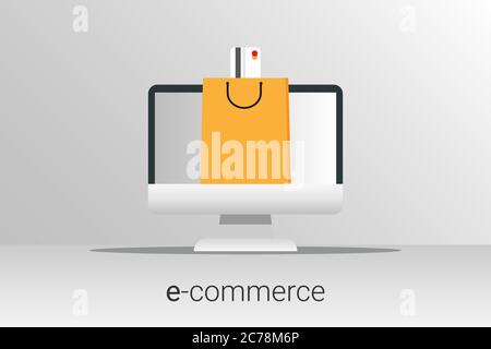 Computer con carta di credito e borsa, sfondo grigio, illustrazione e-Commerce Illustrazione Vettoriale