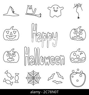 Insieme di icone halloween con contorno semplice. Contorno arancione divertenti icone halloween. Icone stile cartoon fantasma, zucca, scopa, cappello e gatto Illustrazione Vettoriale