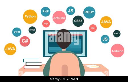 Programmatore uomo che lavora, codifica e programmazione sul suo computer Illustrazione Vettoriale