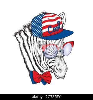 Una zebra in un cappello, bicchieri e cravatta. Illustrazione vettoriale. Illustrazione Vettoriale