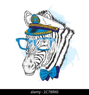 Una zebra in un cappello, bicchieri e cravatta. Illustrazione vettoriale. Illustrazione Vettoriale