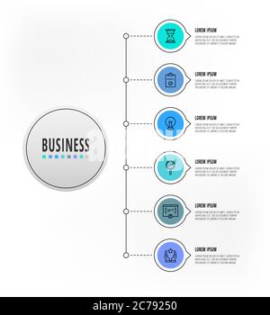 Cerchi di infografia con 6 passaggi, icone. Modello vettore flatline. Può essere utilizzato per sei diagrammi, business, web, partogramma, info grafico, timeline Illustrazione Vettoriale