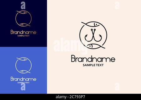 Logo fishhook Design disegnato a mano, doppio logo di pesce. Illustrazione Vettoriale