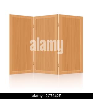Divisorio per camera, schermo pieghevole, divisorio in legno - mobili pieghevoli, mobili, rustici, retro arredamento in tre parti - illustrazione su sfondo bianco. Foto Stock