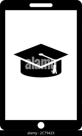 Formazione online, smartphone con tappo per le lauree. Illustrazione dell'icona Flat Vector. Semplice simbolo nero su sfondo bianco. Simbolo App mobile per l'apprendimento Illustrazione Vettoriale