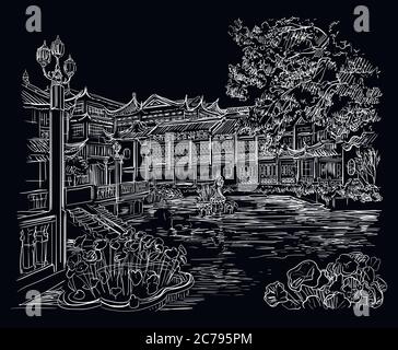 Giardino Yuyuan (Giardino della felicità), Città Vecchia di Shanghai, punto di riferimento della Cina. Illustrazione dello schizzo vettoriale disegnata a mano in bianco isolato su b nero Illustrazione Vettoriale