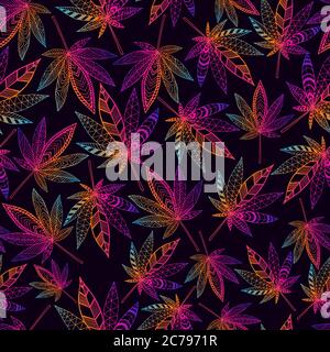 Brillante hallucinogenic trippy foglie fantastiche di cannabis, colore del contorno del neon arcobaleno gradiente. Illustrazione Vettoriale