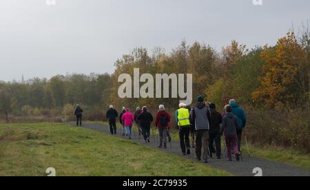 Un gruppo di escursionisti maturi che si esercitano con l'uso e l'assistenza di pali nordici Foto Stock
