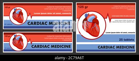 Etichetta vettore disegno della medicina per il cuore. Imballaggio. Compresse cardiologiche. Set di adesivi concept per scatole, lattine, convogli. Vettore isolato. Illustrazione Vettoriale