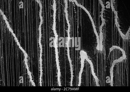 Vernice bianca astratta che dribbles spruzzi su una parete verniciata nera, linee ad alto contrasto gocciolano sfondo. Foto Stock