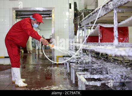 Pechino, Cina. 14 luglio 2020. Un membro del personale disinfetta la linea di segmentazione della carne presso il Beijing Ershang Meat Food Group Co., Ltd. A Pechino, capitale della Cina, il 14 luglio 2020. Beijing Ershang Meat Food Group Co., Ltd. È una delle principali aziende per la fornitura di carne per il mercato di Pechino. Durante la pandemia di COVID-19, l'azienda ha adottato severe misure di prevenzione e controllo COVID-19 lungo l'intera catena di fornitura, per garantire la sicurezza dei prodotti a base di carne e il regolare funzionamento dei suoi stabilimenti di trasformazione per soddisfare la domanda del mercato. Credit: Yuyu/Yuyu/Yuyu Live News Foto Stock