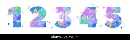Numeri 12345 con effetto di macchie liquide di vernice in blu, verde, rosa, isolate su bianco. Elemento decorativo per la progettazione di volantini, poster, calendario, copertina, titolo. Illustrazione vettoriale. Illustrazione Vettoriale