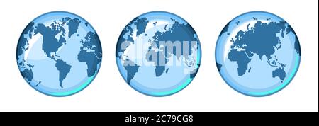 Globo, mappa della terra. Tre opzioni: Emisfero occidentale, orientale con centro in Europa e con centro in Asia. Originale, Illustrazione Vettoriale