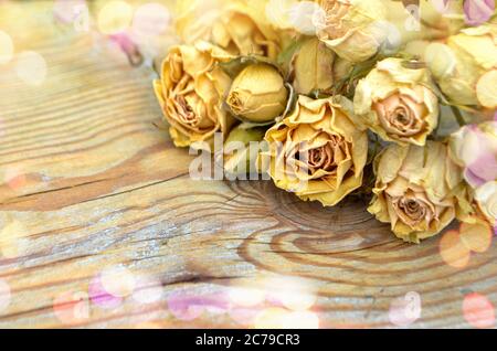 Rose secche su vecchio sfondo di legno. Concetto di fiori morti. La transizione della gioventù e della bellezza Foto Stock