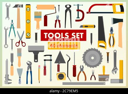 Strumenti. Impostazione. Lo sfondo è orizzontale. Abbassare. Cacciaviti, martelli, chiavi, seghe, pinze, rulli, spazzole, lime. Raccolta. Attrezzi carpentiere Illustrazione Vettoriale