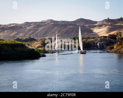 due barche tradizionali, aka feluca, navigano sul fiume nilo vicino ad assuan Foto Stock