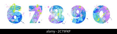 Numeri 67890 con effetto di macchie liquide di vernice in blu, verde, rosa, isolate su bianco. Elemento decorativo per la progettazione di volantini, poster, calendario, copertina, titolo. Illustrazione vettoriale. Illustrazione Vettoriale