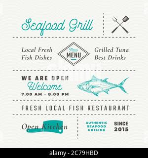 Set di insegne, titoli, iscrizioni e menu decorativi per il ristorante di pesce. Layout di tipografia retro di qualità superiore con icone di cibo disegnate a mano Illustrazione Vettoriale
