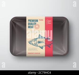 Confezione di tonno di qualità superiore. Contenitore in plastica per vassoi di plastica astratta Vector Fish con coperchio in cellophane. Etichetta di progettazione dell'imballaggio. Tipografia moderna e disegnata a mano Illustrazione Vettoriale