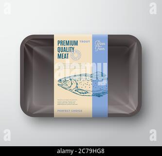 Confezione di trote di qualità superiore. Contenitore in plastica per vassoi di plastica astratta Vector Fish con coperchio in cellophane. Etichetta di progettazione dell'imballaggio. Tipografia moderna e mano Illustrazione Vettoriale