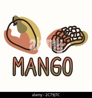 Mango frutta con testo sesso neutrale illustrazione del bambino clipart. Semplice colore bizzaresco minimale a 2 tonalità. Camera bambini arredamento camera stampa o cartone animato Illustrazione Vettoriale