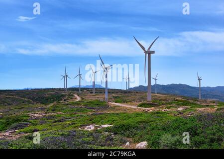 Mulino turbina fattoria su una collina in paesaggio colorato con strada tortuosa contro il cielo blu in chiaro sole giorno d'estate. Foto Stock