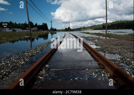 Piste arrugginite di Coos Bay, Oregon, sotto l'acqua. Foto Stock