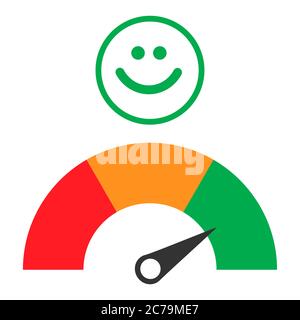 Icona cliente emozioni misuratore di soddisfazione con sorriso e simbolo diverso sullo sfondo . Illustrazione Vettoriale