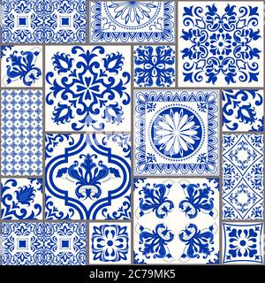 Set di piastrelle Azulejos in blu, bianco. Decorazioni originali tradizionali portoghesi e spagnole. Piastrelle in ceramica in stile talavera. Mosaico di Gaudi. Vettore Illustrazione Vettoriale