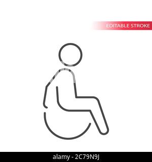 Icona della linea sottile per disabili in sedia a rotelle. Simbolo di disabilità, vettore contorno, tratto modificabile. Illustrazione Vettoriale