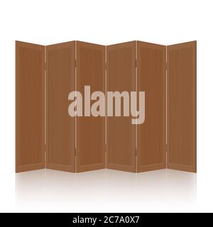Divisorio in legno, divisorio per ambienti, schermo pieghevole - scuro, testurizzato, pieghevole, mobile, rustico, arredamento d'interni retrò - illustrazione su bianco. Foto Stock