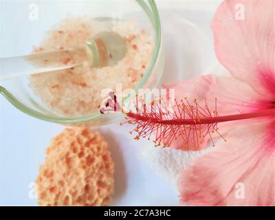 Ambiente Spa e composizione di sfondo Spa con fiore rosa ibisco su sfondo bianco. Spazio di copia. Asciugamano, candele, fiori, pietre. Massaggio, orie Foto Stock