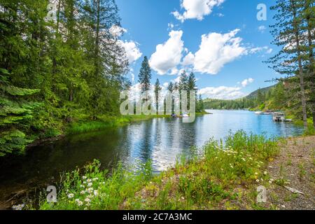 Una sezione panoramica vicino a Bottle Bay sul Lago Pend Oreille vicino a Sagle e Sandpoint Idaho, con barche ormeggiate lungo le rive del fiume insenatura Foto Stock