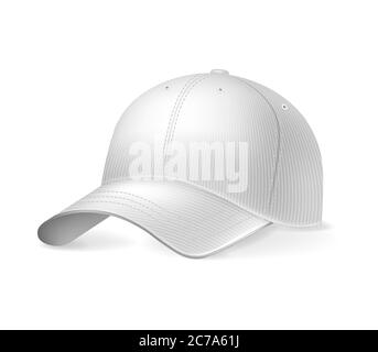 Cappello da baseball su sfondo bianco, isolato. Copricapo sportivo per design, collezione di illustrazioni vettoriali realistiche. Illustrazione Vettoriale