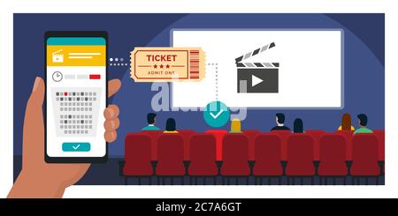 Prenotazione online di biglietti per il cinema sull'app per smartphone: Tenere a mano un telefono cellulare e acquistare un biglietto, le persone che si trovano nel cinema in background Illustrazione Vettoriale