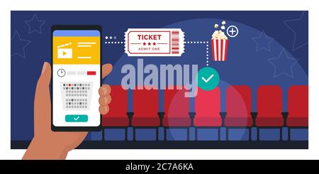 Prenotazione online di biglietti per il cinema sull'app per smartphone: Mano con un telefono cellulare e acquisto di un biglietto, posti cinema in background Illustrazione Vettoriale