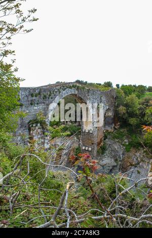 Il parco naturale e archeologico etrusco di Vulci, in provincia di Viterbo, Lazio, Italia. Il Castello di Abbadia e il Ponte del Diavolo Foto Stock