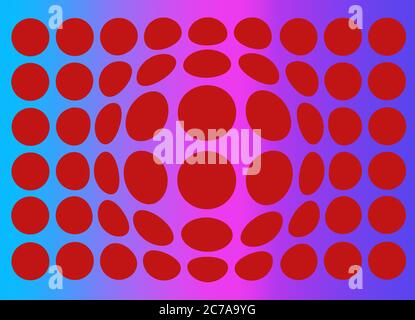 Motivo a punti polka rosso con sfera che esce su sfondo sfumato blu, rosa e viola. Foto Stock