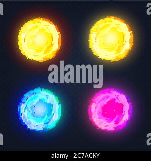 Illustrazione vettoriale di diverse forme luminose astratte colorate con cerchi luminosi su sfondo scuro Illustrazione Vettoriale