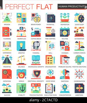 Simboli complessi di concetto di icone piatte vettoriali per la produttività umana per la progettazione di infografiche web Illustrazione Vettoriale