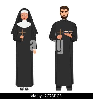 Vettore cattolico sacerdote e suora che tiene il ruggito croce. Illustrazione vettoriale a fumetto piatto. Illustrazione Vettoriale